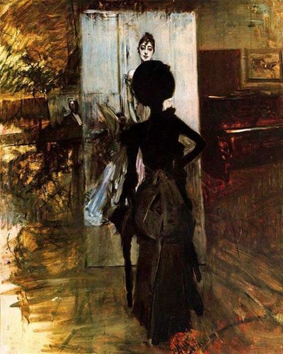 Mulher de preto que assiste o Pastel de Signora Emiliana Concha de OssanGerman: Mulher de preto olhando para a pintura em tons pastel da Signora Emiliana Concha de OssaPolski: Kobieta w czerni, patrona na pastel emory Emiliany Concha de Ossyn de Giovanni Boldini